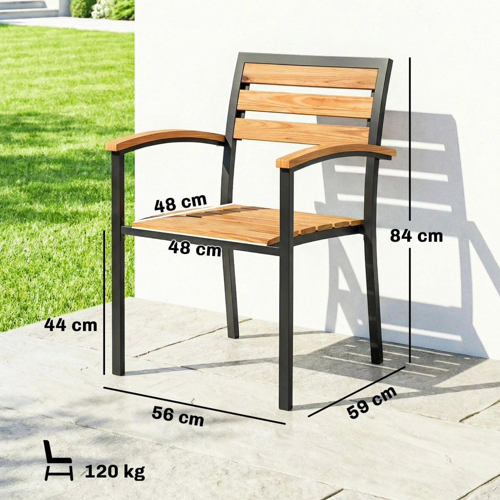 Set 2 Sedie Impilabili da Esterno 56x59x84 cm in Legno e Acciaio Colore Legno e Nero