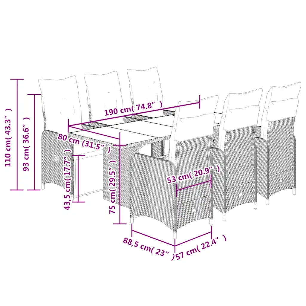Set BistrÃ² da Giardino 7 pz con Cuscini in Polyrattan Marrone