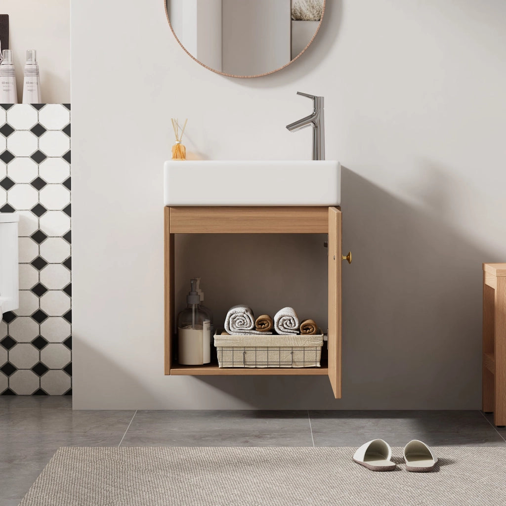 Mobile sottolavabo con lavabo in ceramica e anta con chiusura ammortizzata per bagno piccolo in MDF legno naturale