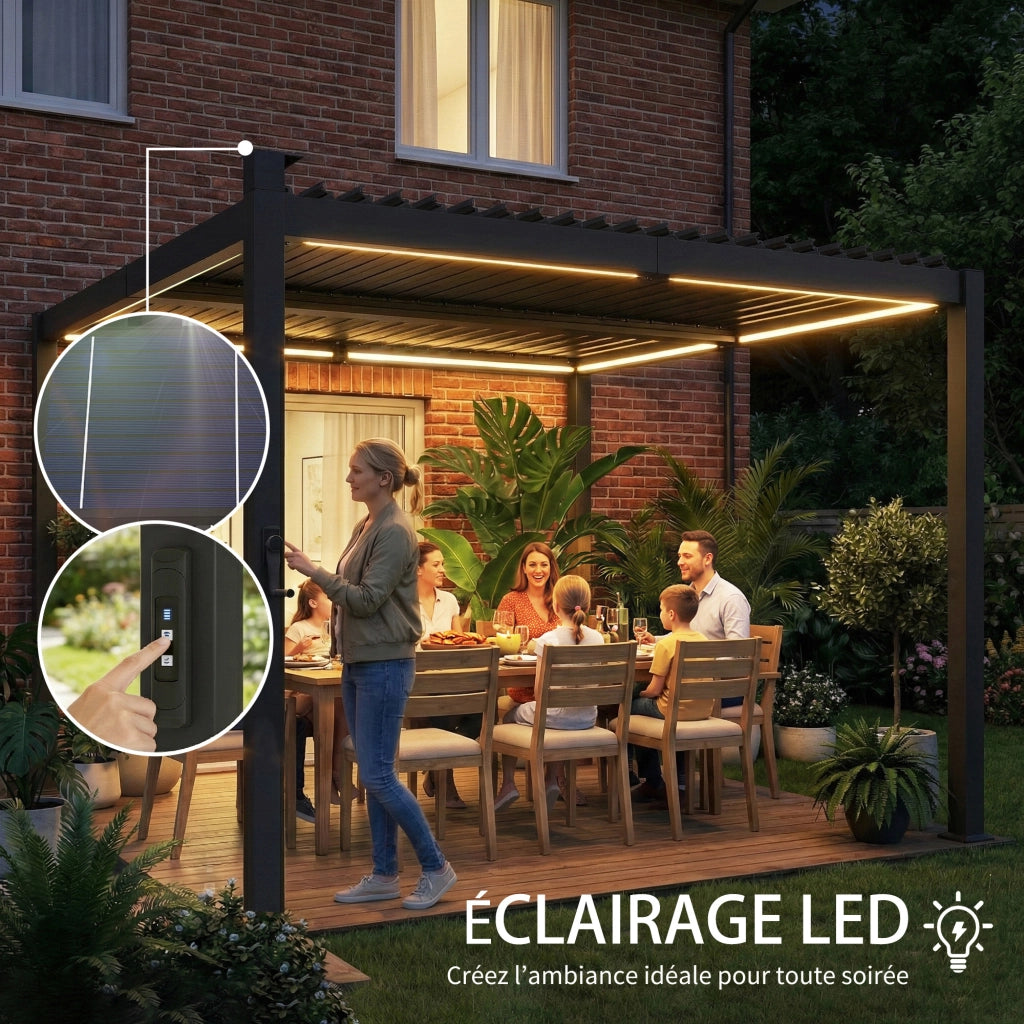 Pergola bioclimatica 3x3m con luci LED solari e grondaie ¨C zephmum ¨C nero