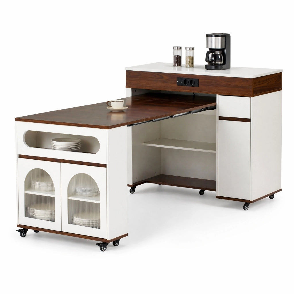 Isola cucina con ruote 110,5 x 50,5 x 95,5 cm bianca e noce con prese