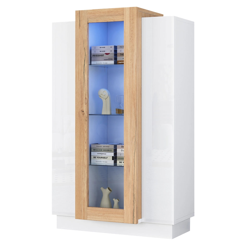 Vetrina soggiorno 74x40x120 cm con 3 ante, LED controllabile via app, struttura in truciolare e finitura bianco/effetto legno