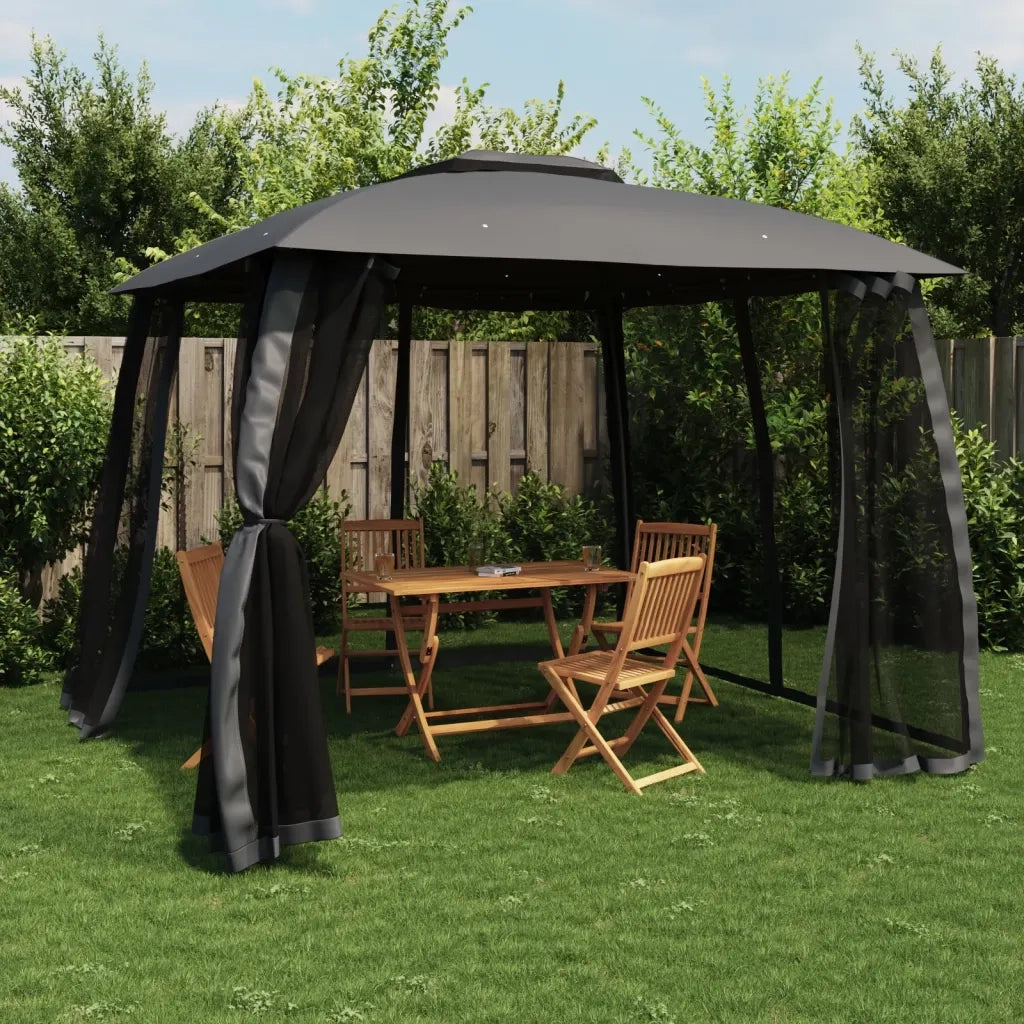 Gazebo | Pergolato Tetto Doppio e Pareti Rete Antracite 2,93x2,93 m Acciaio
