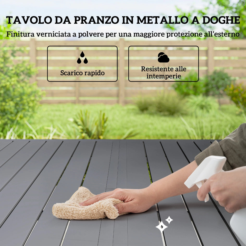 Set 7 Pezzi da Esterno con Tavolo Rettangolare in Acciaio e 6 Sedie Impilabili in Texteline Grigio Chiaro