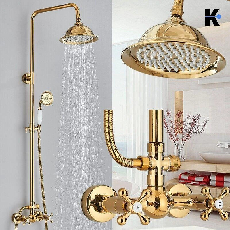 NALA | Set doccia a pioggia vintage in acciaio inossidabile lucido oro | Sistema doccia con rubinetto dal design retrò | Miscelatore doccia completo