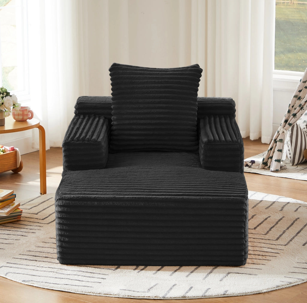 Divano letto ULEVR in velluto a coste nero, chaise longue e poltrona relax senza montaggio