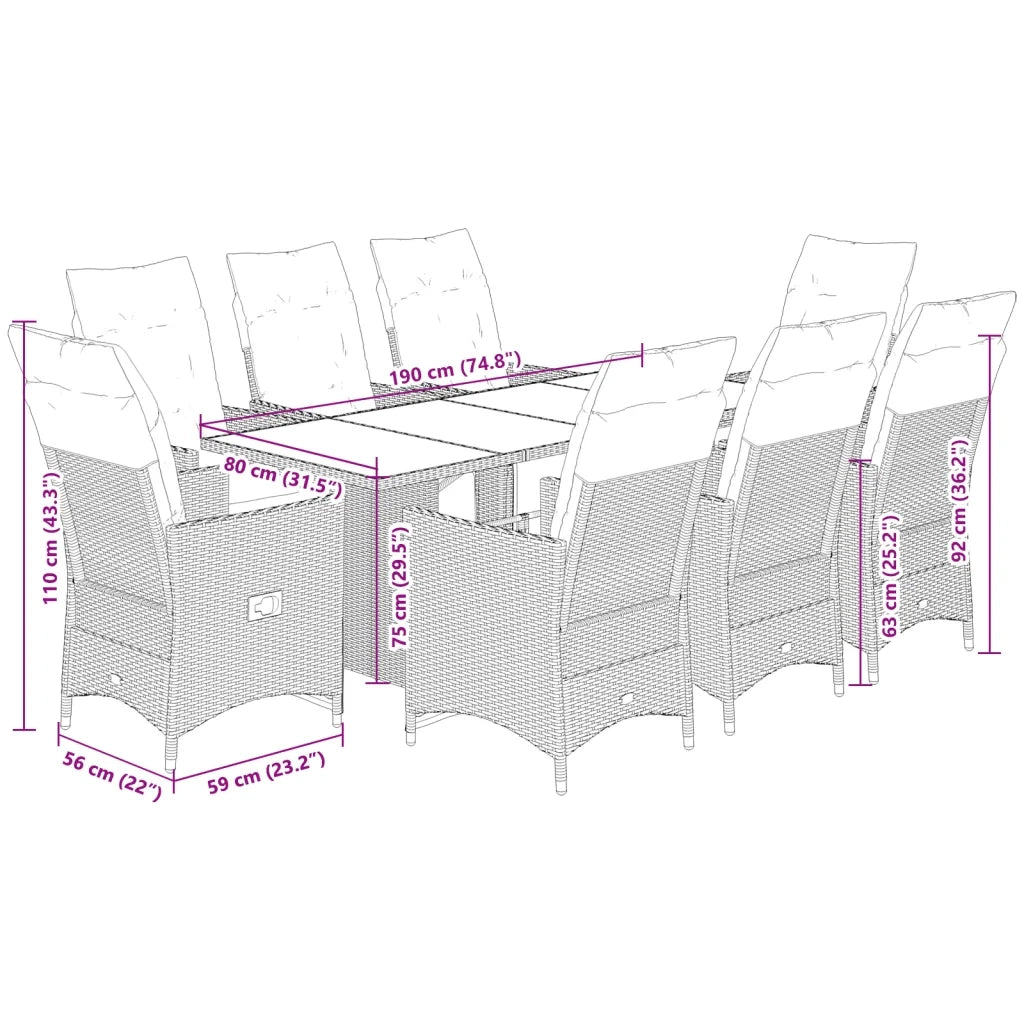 vidaXL Set da Bistrò da Giardino 9 pz con Cuscini Beige in Polyrattan