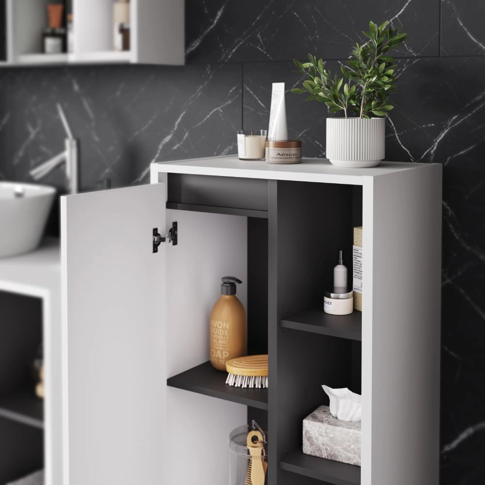 Mobiletto midi Viola, Bianco/Grigio, 50 x 86 cm con ripiani aperti, adatto per montaggio a parete e combinabile con la serie Viola
