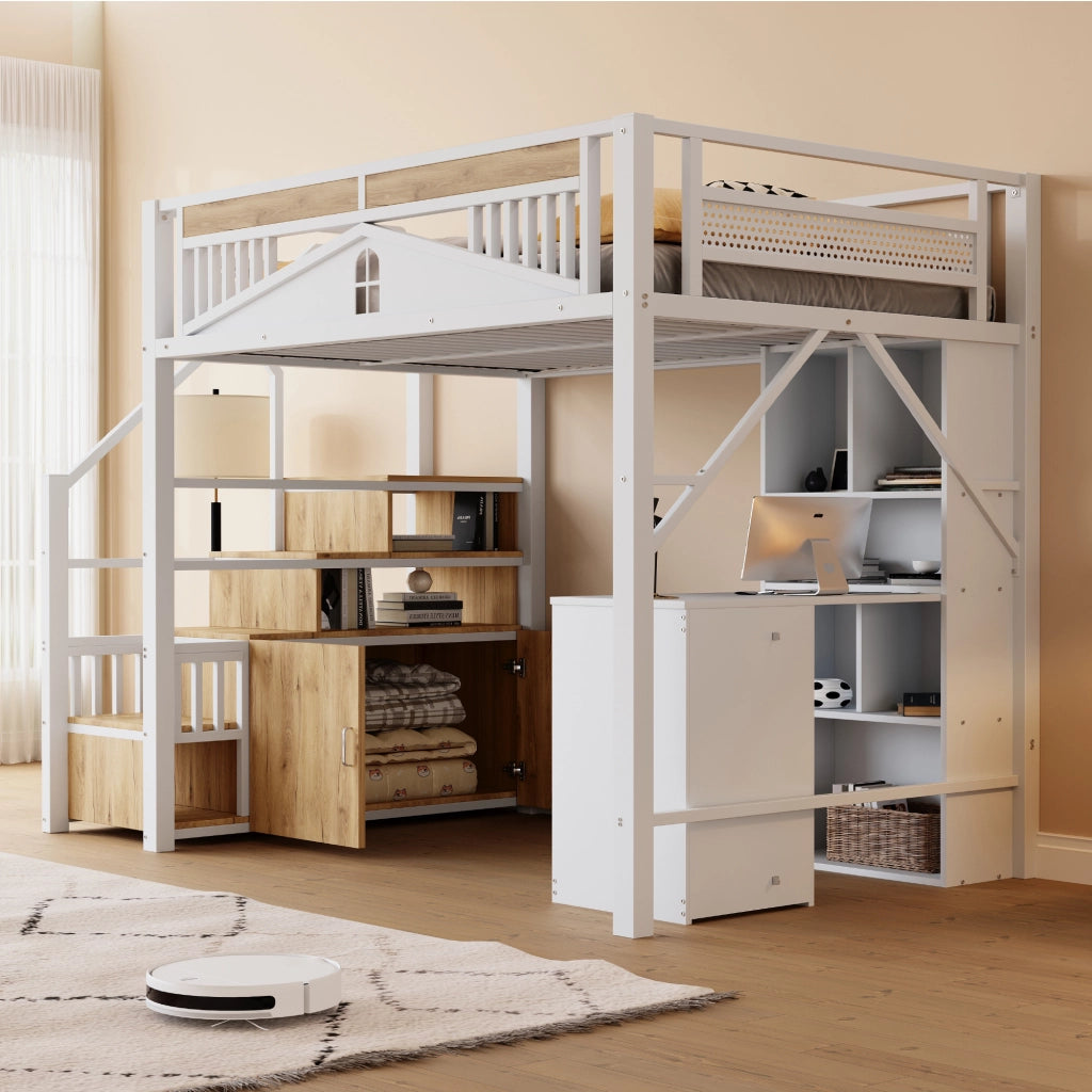 OKWISH Letto a Soppalco 140×200 cm, Letto Matrimoniale con Scala Contenitore, Armadietto e Sponda con Finestra, senza Materasso, Bianco