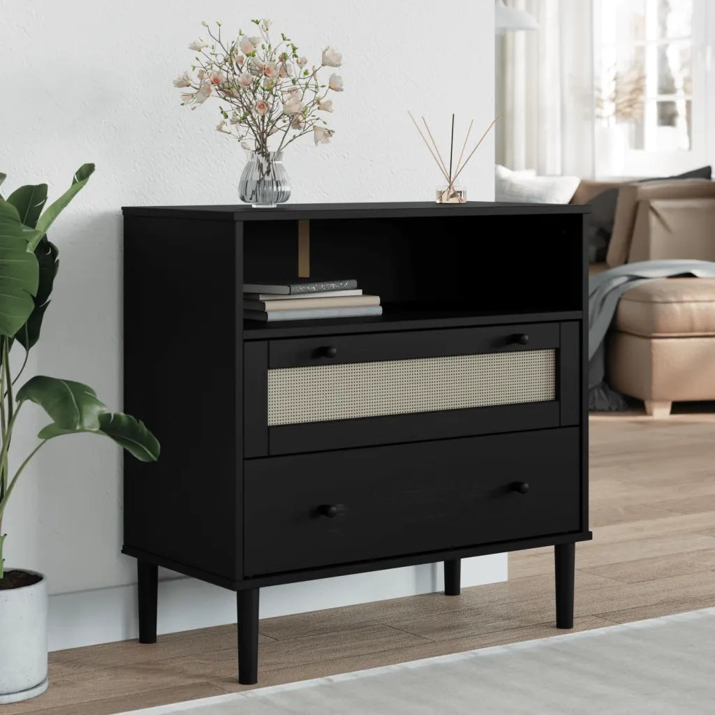 Credenza-Buffet-Armadio da cucina SENJA Aspetto Rattan Nero 80x40x80 cm Massello Pino