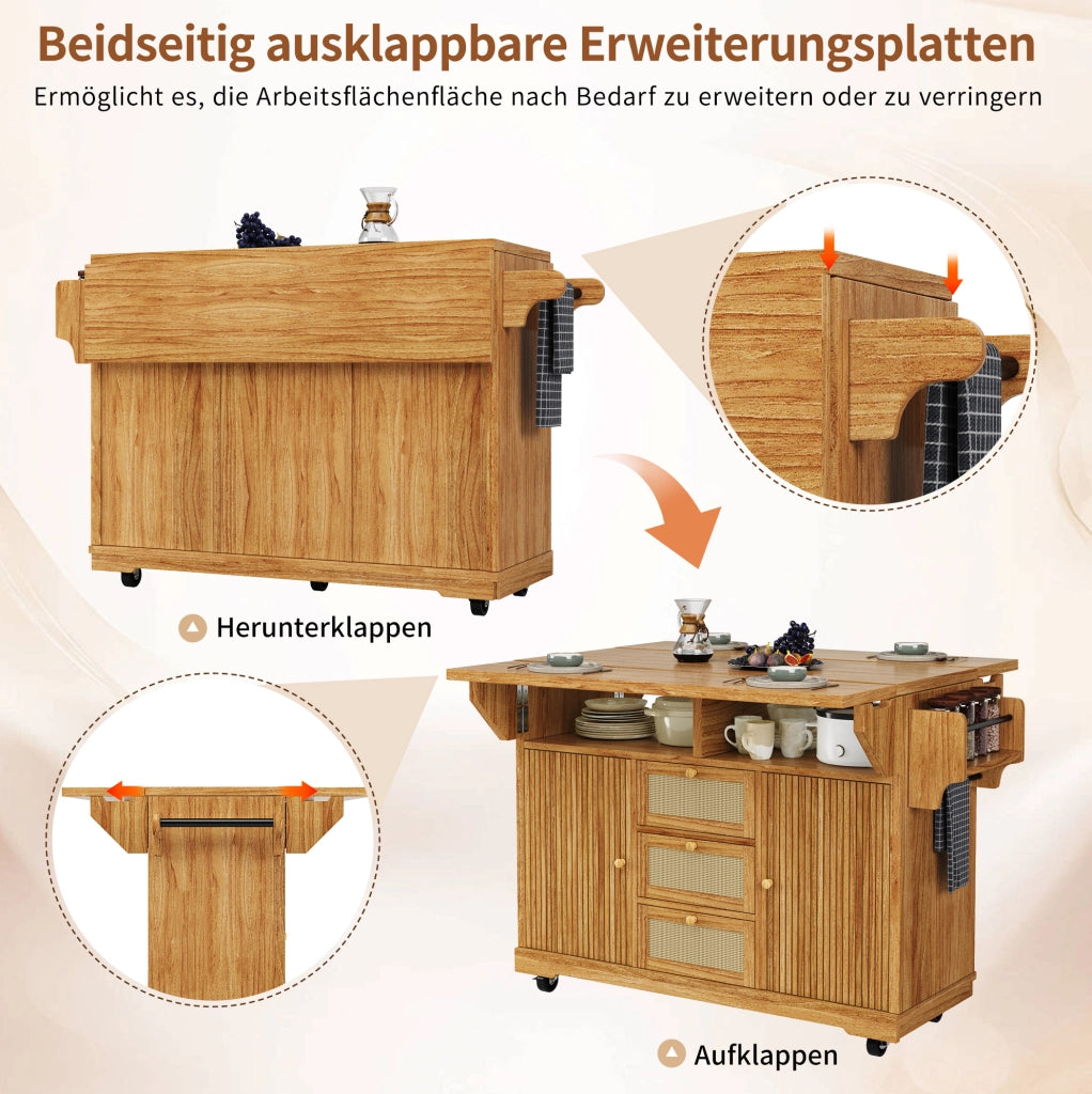 Carrello cucina pieghevole con piano estensibile, marrone scuro