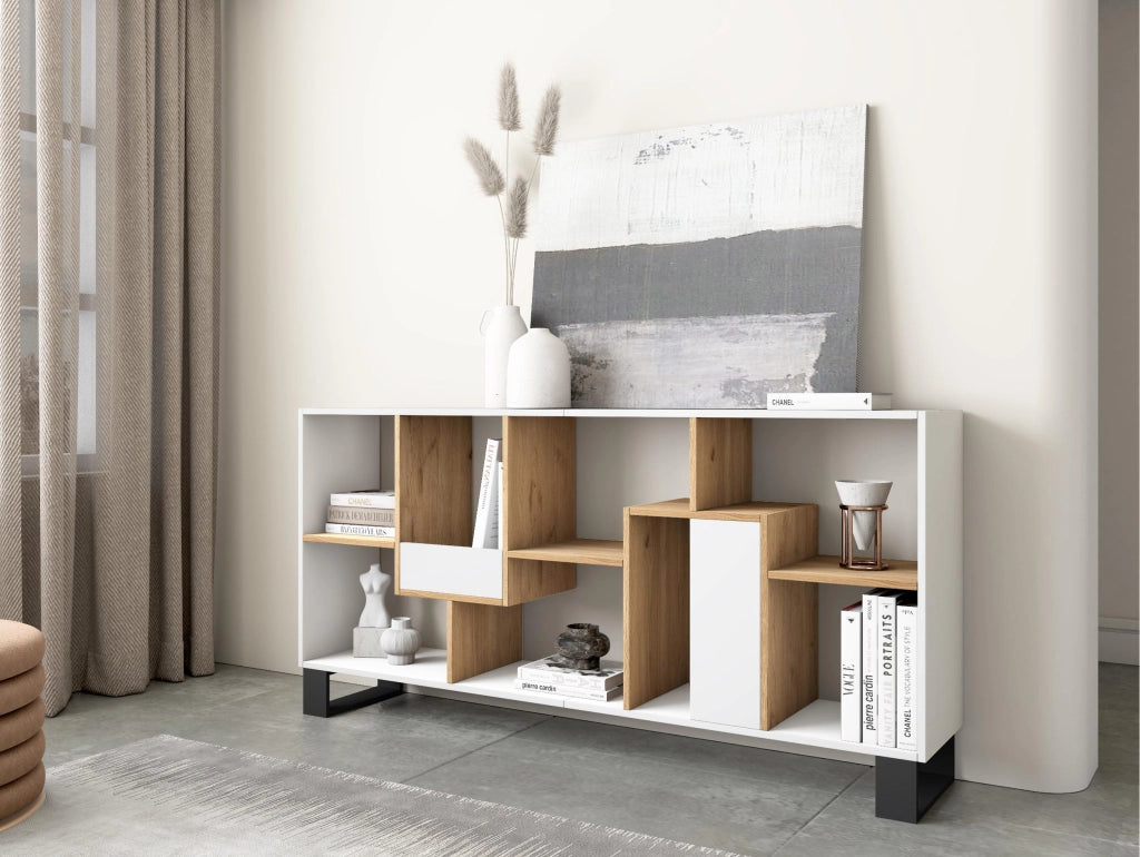 Libreria scaffale, 174x67x31, Design industriale, Bianco e Rovere RF4124