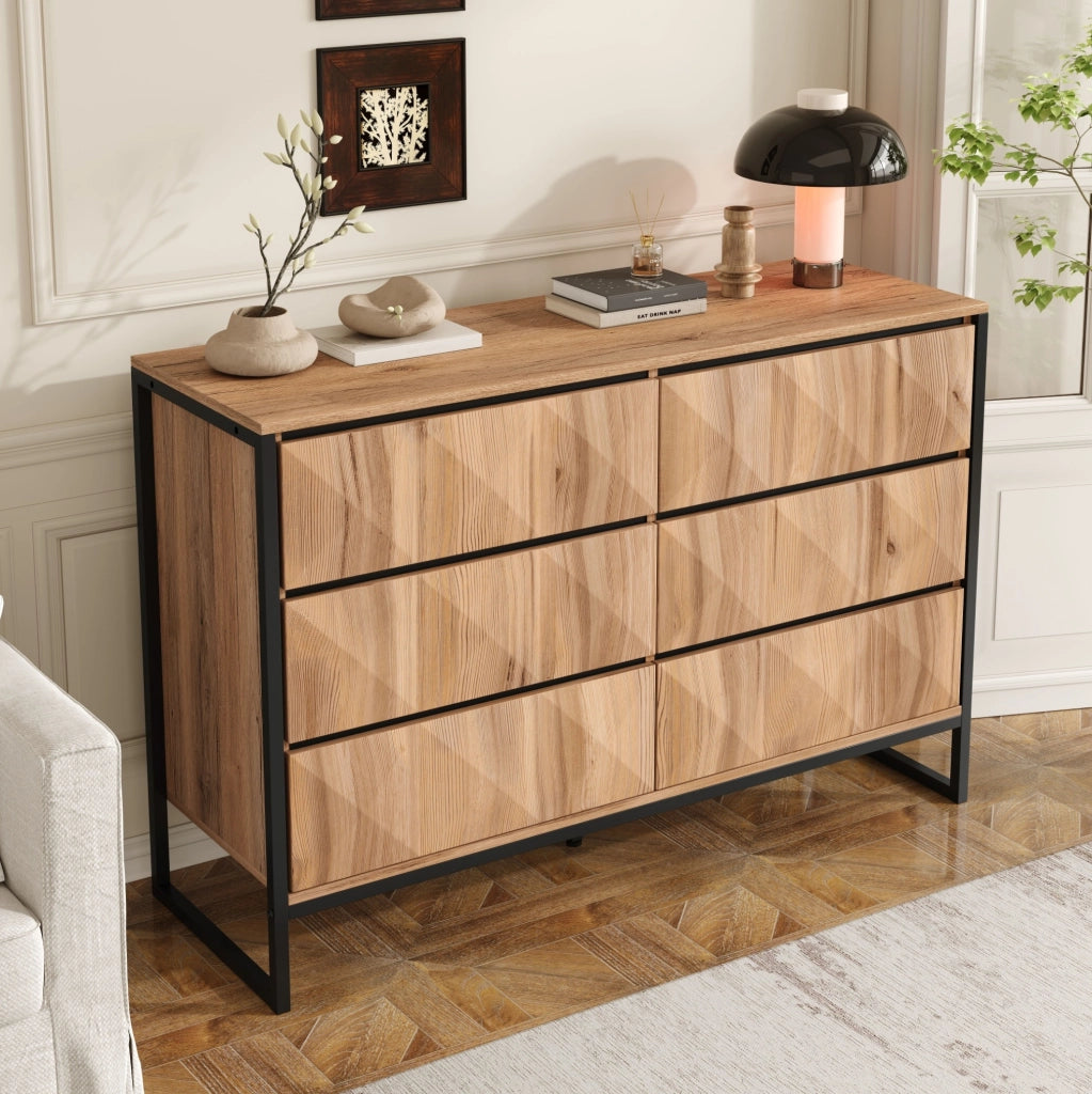 Credenza con 6 cassetti 120x40x80 cm in truciolare e MDF; nero e naturale