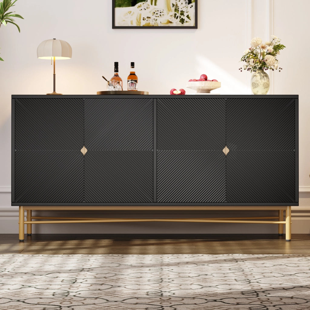 Credenza e madia con 4 ante e chiusura soft-close, dettagli dorati, per soggiorno, nera, 160 × 40 × 82 cm
