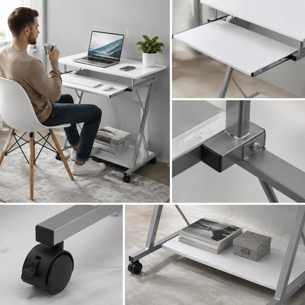 Computer Table Computer Cart PC Table Office Table Laptop On Wheels White
