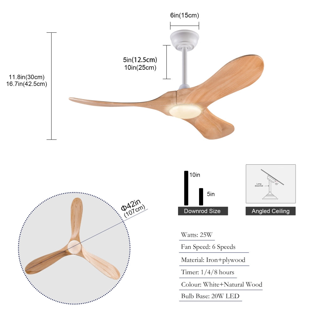 Ventilatore da soffitto con luce LED 42 pollici in legno massello; bianco naturale