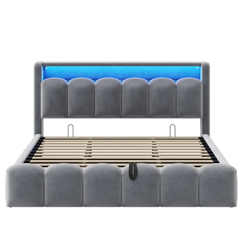 Letto matrimoniale 180x200 cm con contenitore idraulico, LED, USB e USB-C in velluto grigio