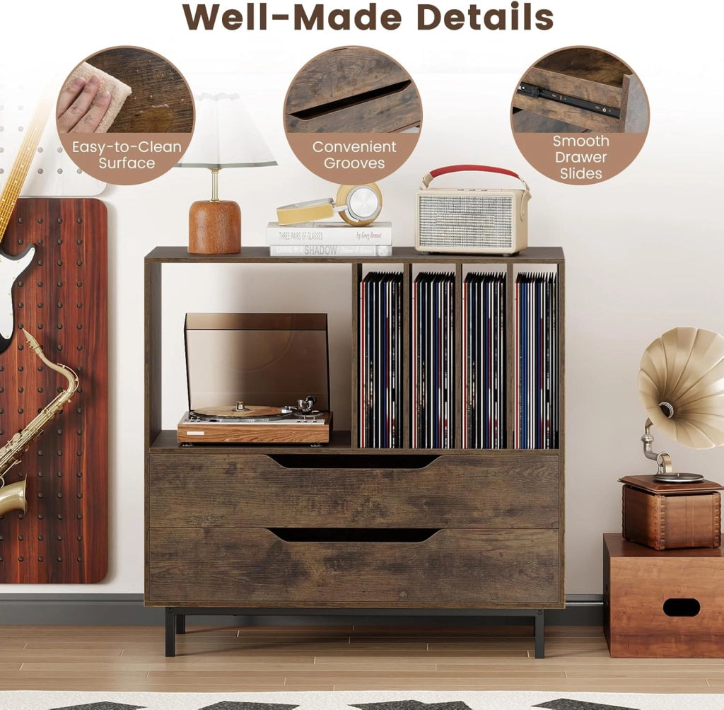 Supporto per giradischi, in vinile con scomparti aperti, 4 divisori, gambe in metallo e cassetto, supporto per dischi in legno, per sala musica e soggiorno (marrone)