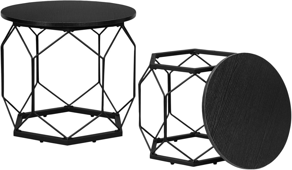 Set di 2 Tavolini da Salotto Rotondi, Tavolini Contenitori in Legno e Metallo, Tavoli Caffè con Piano Rimovibile, per Soggiorno, Camera da Letto, Legno Nero, BTS05szdc