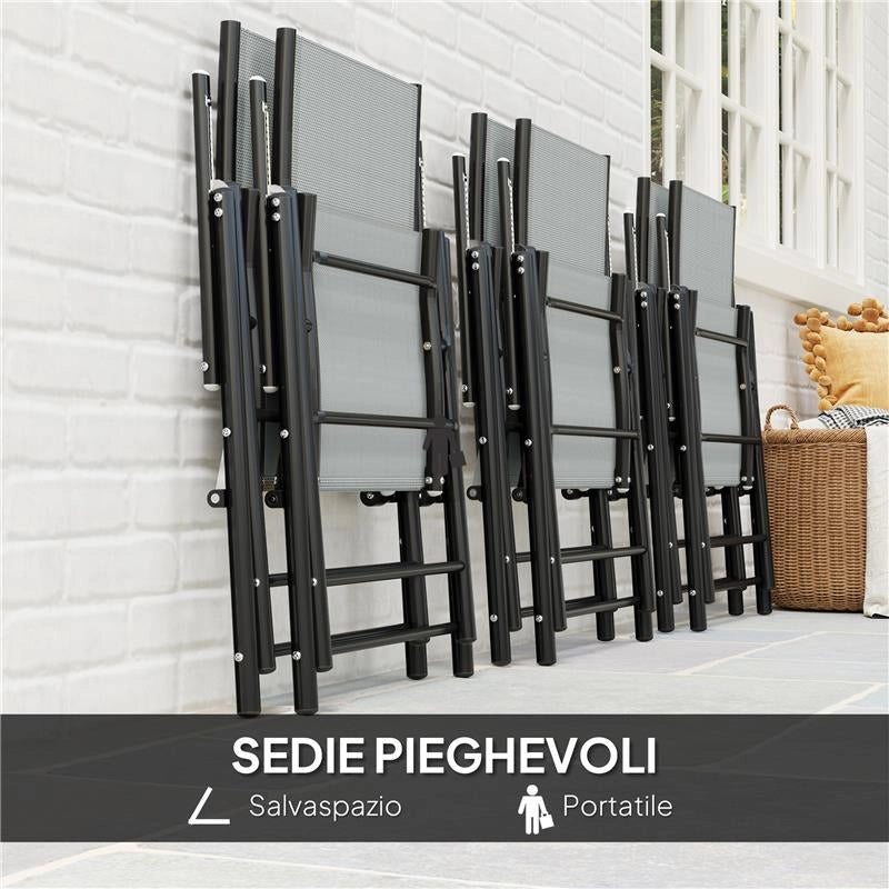SET DA GIARDINO 7 PEZZI CON TAVOLO DA PRANZO CON FORO PER OMBRELLONE E 6 SEDIE PIEGHEVOLI GRIGIO