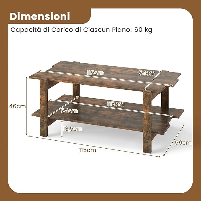 Tavolino da Caffè a 2 Ripiani, Tavolino Rettangolare da Salotto in Legno con Mensola di Stoccaggio, Ideale per Ufficio e Soggiorno, 115 x 59 x 46 cm (Marrone)