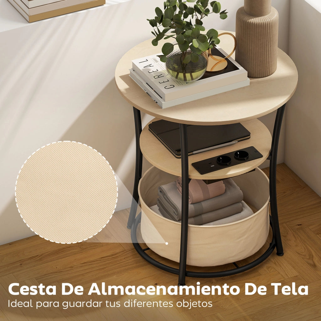 Tavolino rotondo 3 livelli con stazione di ricarica ¨C Xylo ¨C ?50x55,1 cm legno naturale