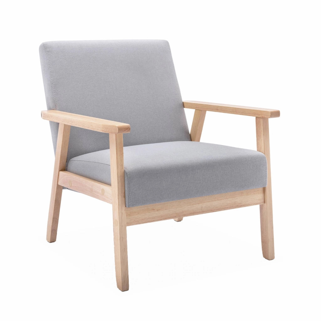 Poltrona scandinava in legno e tessuto, grigio chiaro