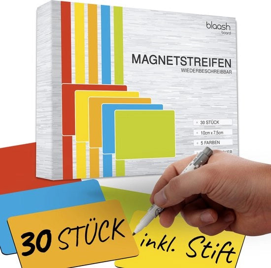 30 carte magnetiche 7,5 x 10 cm descrivibili | Magnetici per whiteboard, frigoriferi, lavagne magnetiche e superfici metalliche | Incluso pennello e gomma | Banchi magnetici colorati per scrivere