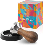 Set di tampone espresso 58 mm in acciaio inossidabile - manico elegante in legno - inclusa matrice tampone - per un piacere completo.