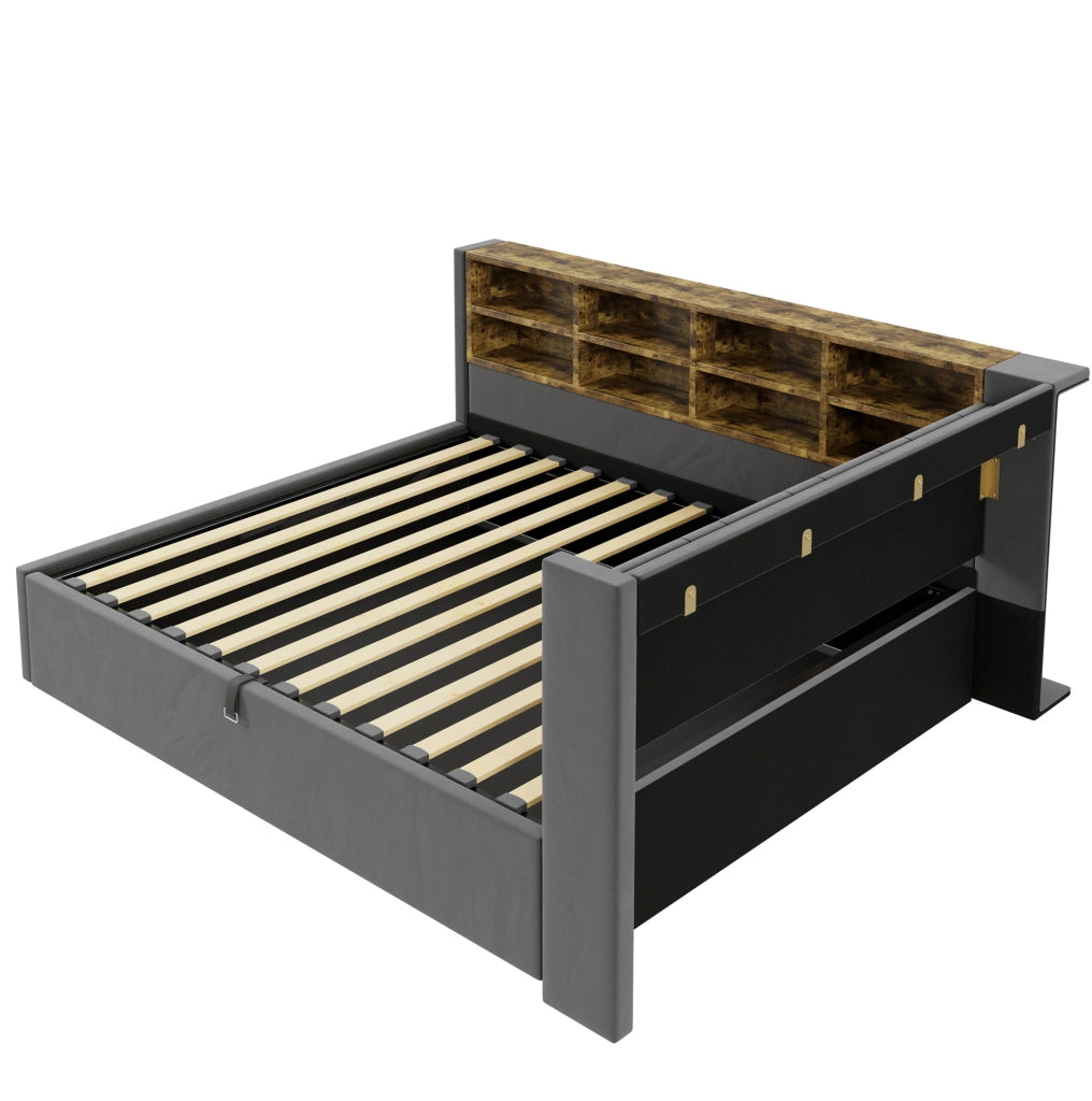 Letto imbottito multifunzionale 140x200 cm in velluto grigio con contenitore; luci e porte USB/Type-C
