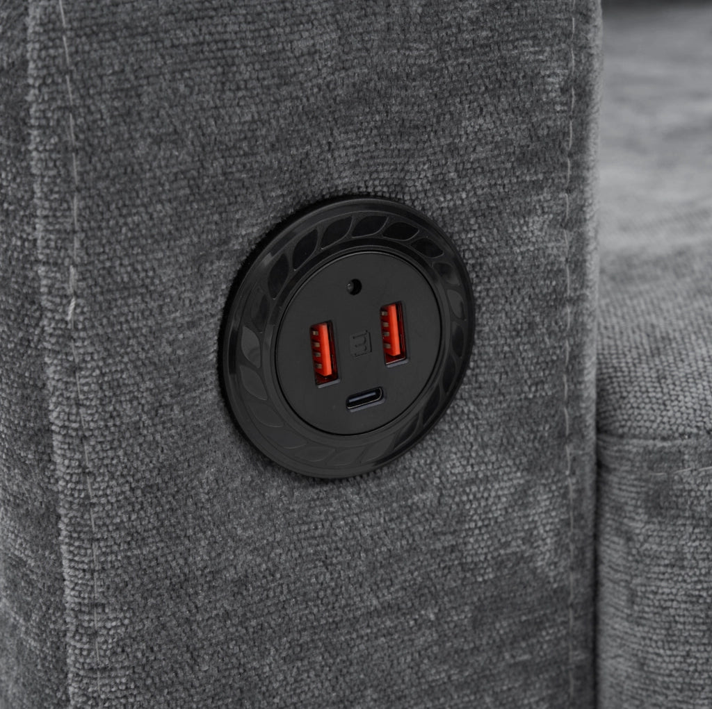 Divano angolare ULEVR 202x137 cm con pouf modulabile, 2 USB, Type-C e portabicchieri, grigio in lino