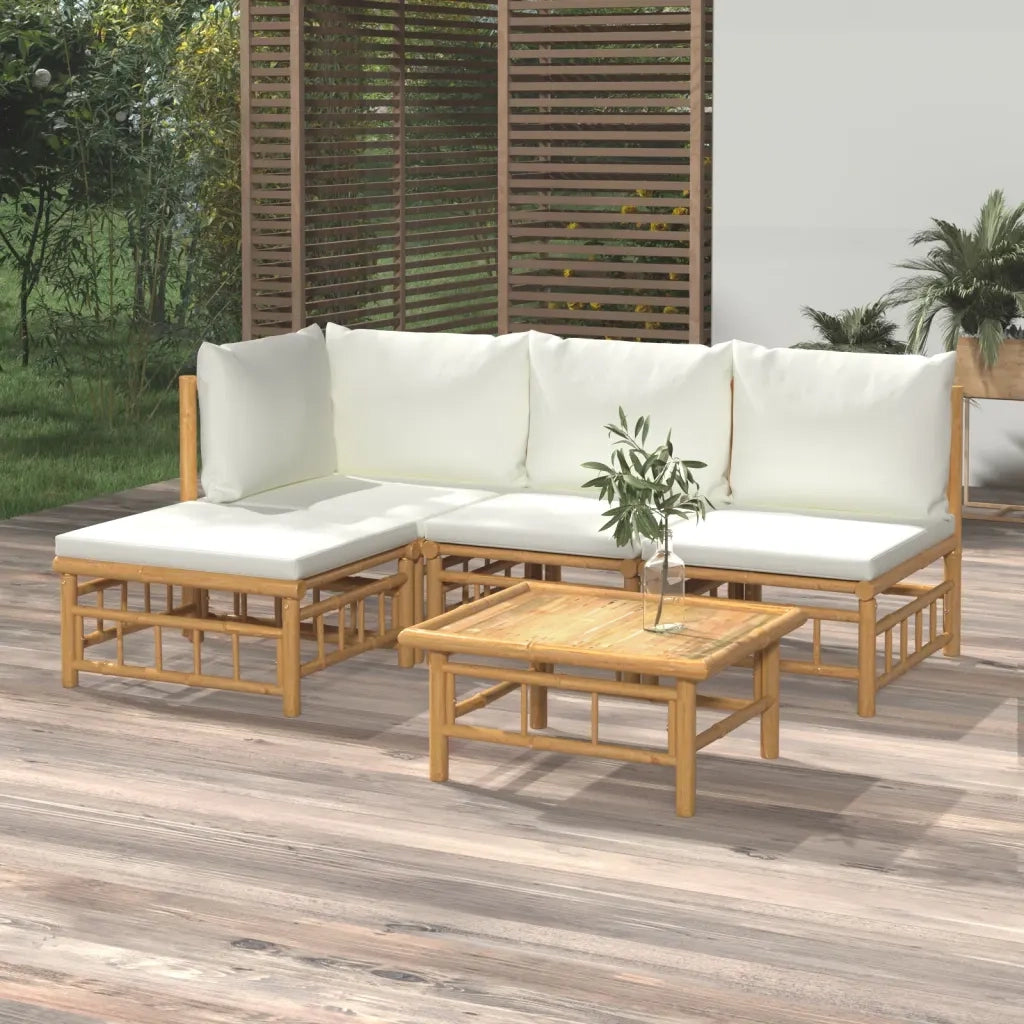 Set Salotto da Giardino 5pz con Cuscini Bianco Crema in Bambù 3155177