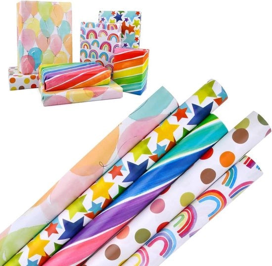Pacco di carta da imballo 45 cm x 3 m - Ballooni con strisce arcobaleno e punti polka