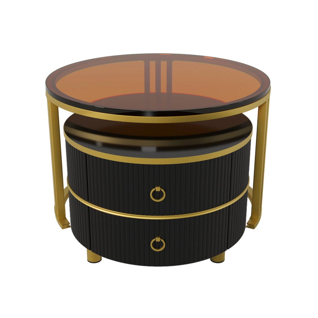 Tavolini da Caffè Rotondi a Nido con 2 Cassetti; Piano Lucido e Vetro Temperato Marrone; Moderno; Nero; 70×70×45 + 50×50×40 cm