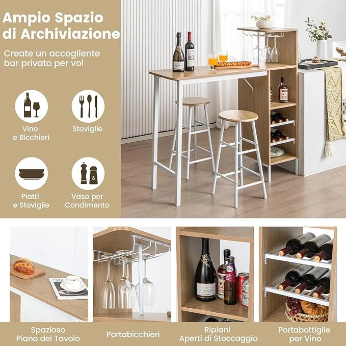 Set 3 Pezzi Tavolo e Sedie da Bar, Tavolo e Sgabelli da Pub Industriale con Porta Calici e 6 Portabottiglie da Vino, Set di Tavolo per Sala da Pranzo, Ristorante e Bar (Legno)