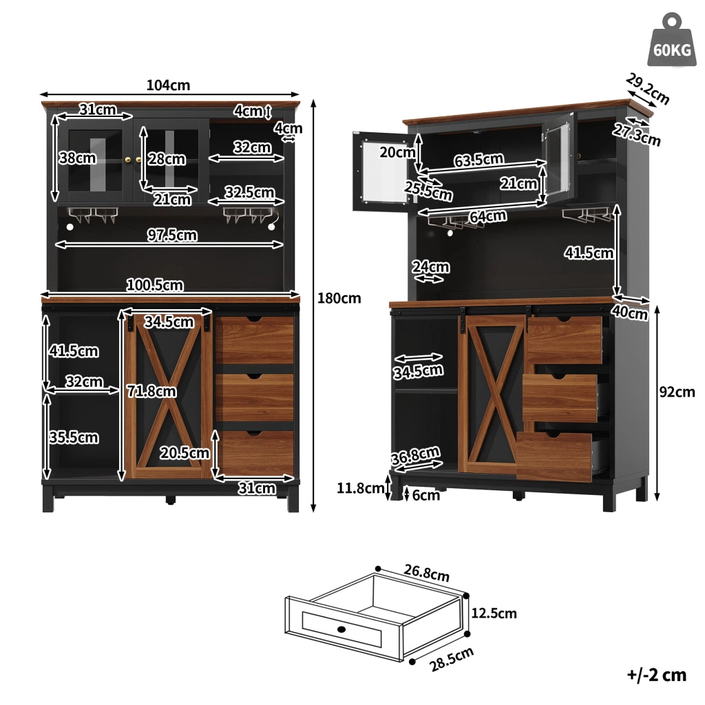 OKWISH Madia Cucina Alta con Porta Scorrevole in Vetro e Ripiani Regolabili, LED, per Cucina, MDF Metallo Vetro, Nero 104×40×180 cm