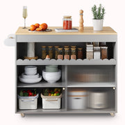 Isola Cucina Mobile 122x46/69x91 cm Grigia con Piano Ribaltabile, Ante in Vetro e 5 Ruote