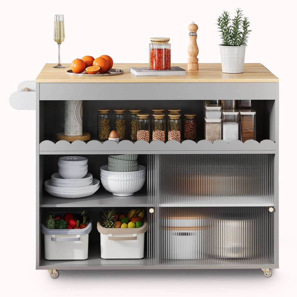 Isola Cucina Mobile 122x46/69x91 cm Grigia con Piano Ribaltabile, Ante in Vetro e 5 Ruote