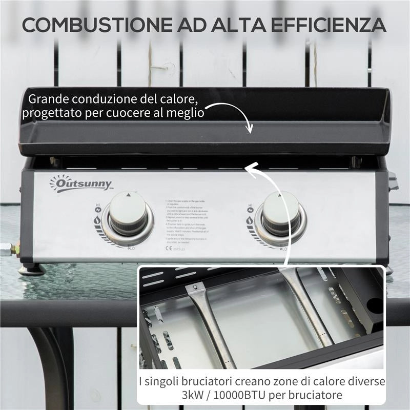 PIASTRA BARBECUE A GAS DA TAVOLO CON 2 BRUCIATORI E POTENZA 6KW, 48.5X46X21CM, NERO