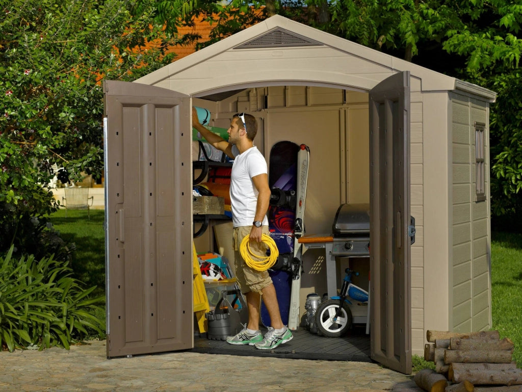 Casetta da giardino Weyburn, Capanno da esterno, Rimessa da giardino, Ripostiglio per attrezzi, 257x182 h243 cm, Beige