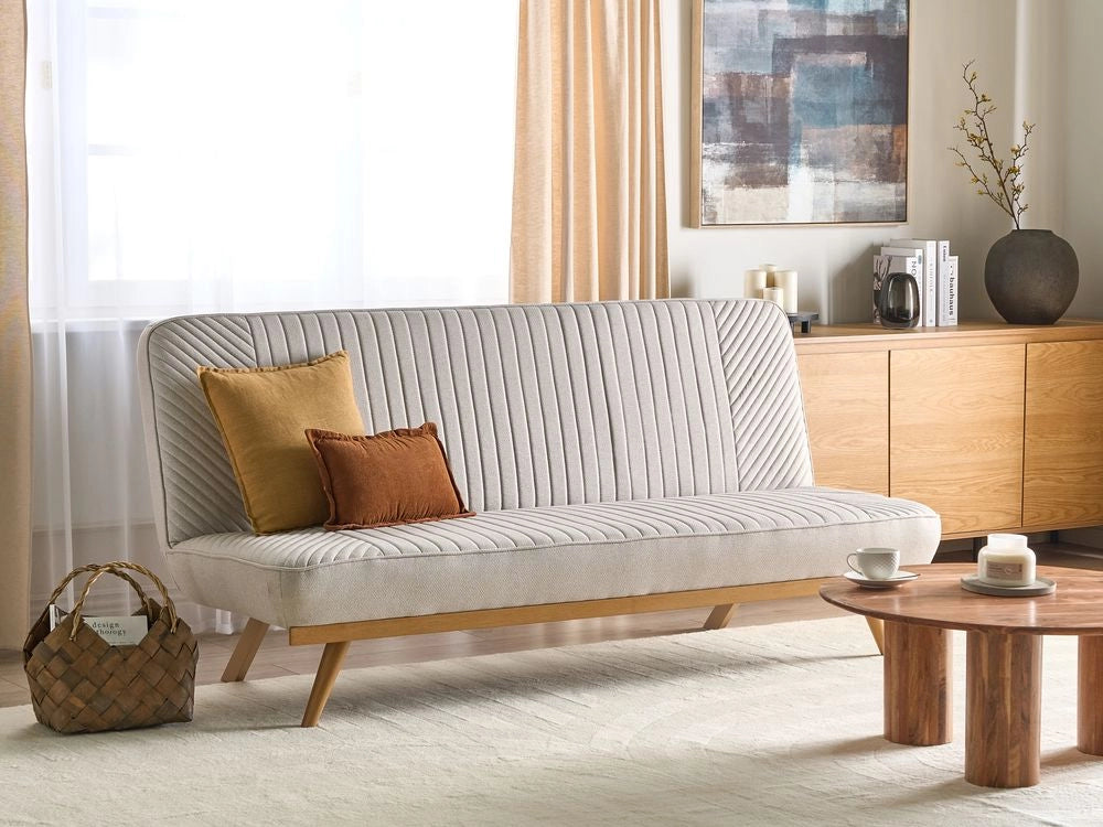 Divano letto Beige Rivestimento in tessuto Gambe in metallo 2 posti Seduta con schienale imbottito Design moderno Senza braccioli