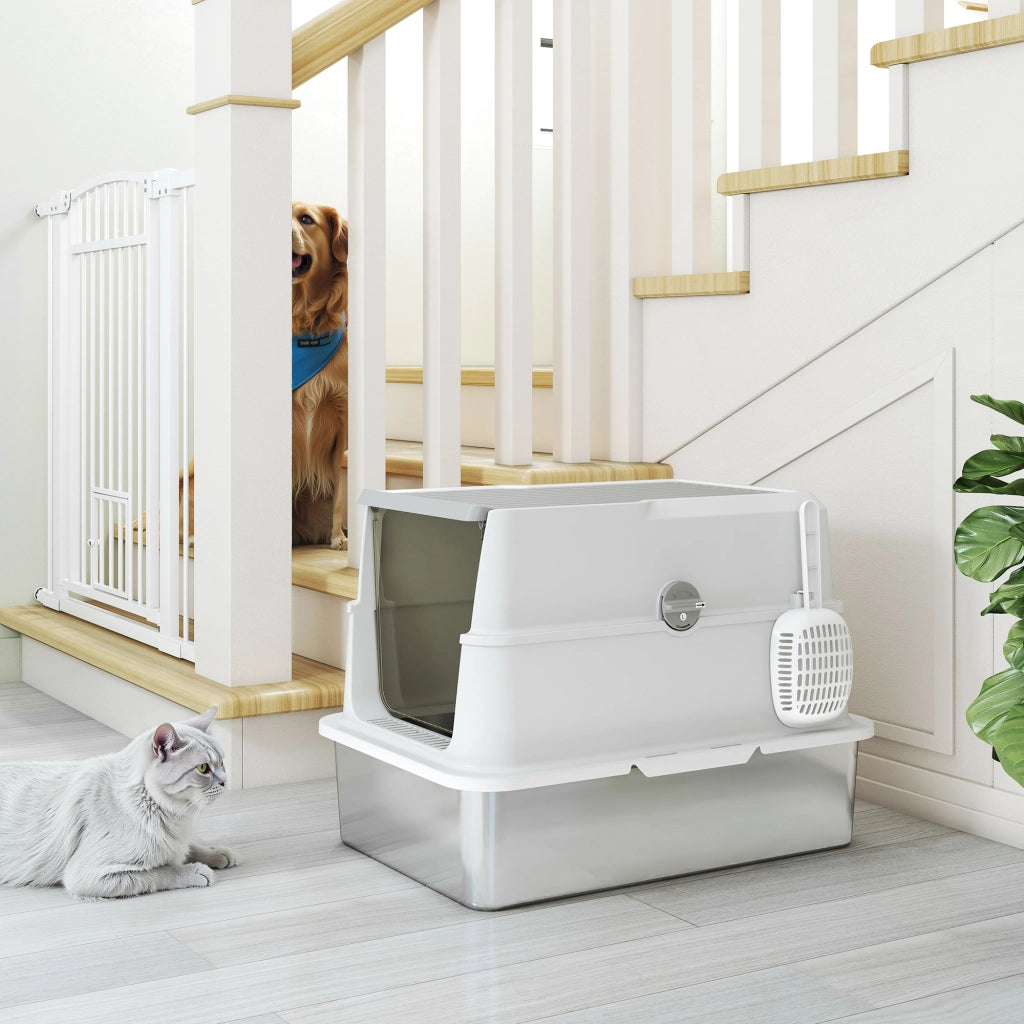 Lettiera per Gatti Grandi con Coperchio Ribaltabile Paletta e Deodorante in Acciaio Inox Grigio Chiaro