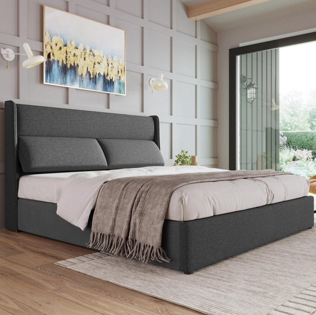 Letto matrimoniale con contenitore 180x200 cm; testiera regolabile in lino grigio