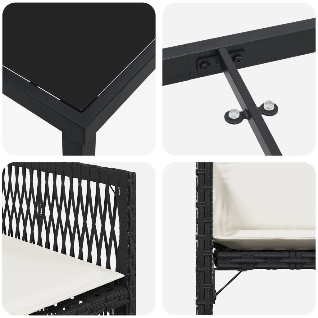 Set da pranzo da giardino di 9 pezzi con cuscini in polyrattan nero