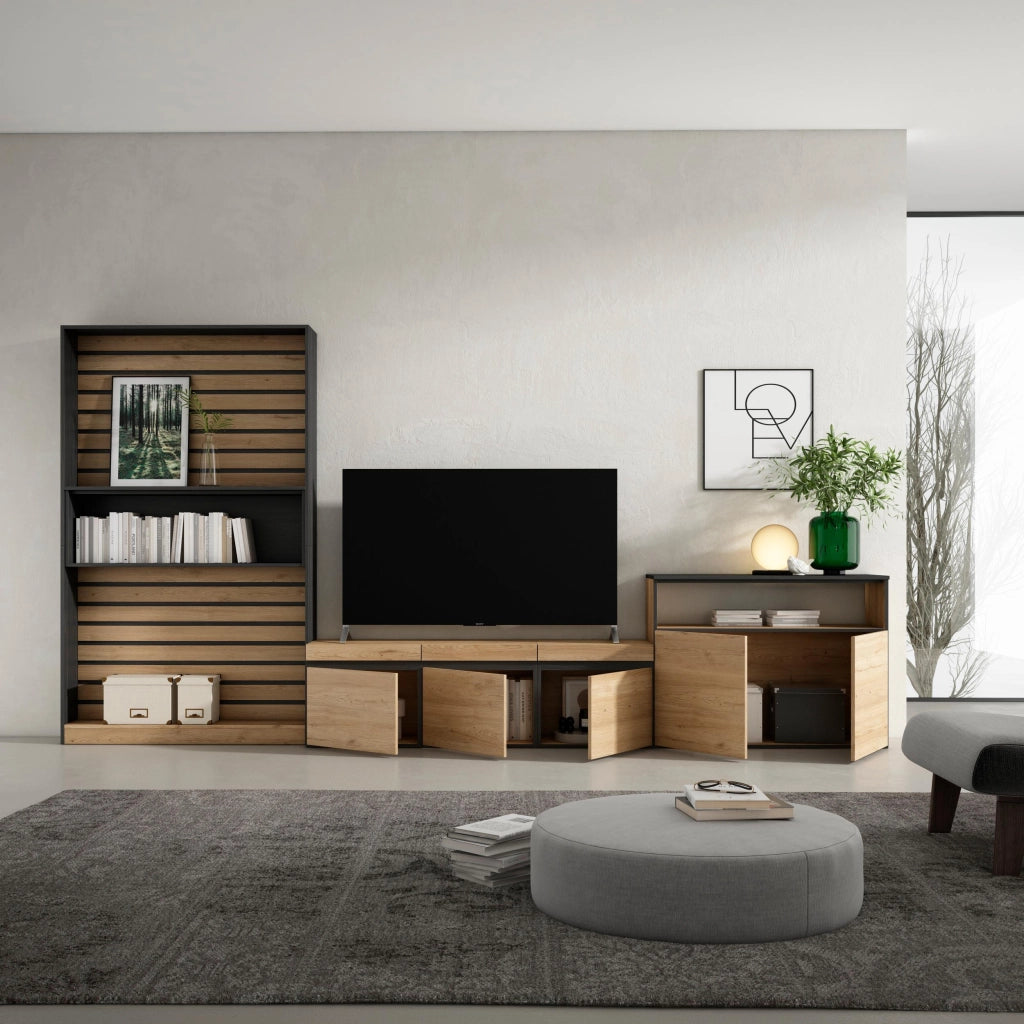 Mobile TV, Soggiorno, 360x35x186cm, Per TV fino a 65", Set di mobili, colore Rovere e nero RF3159