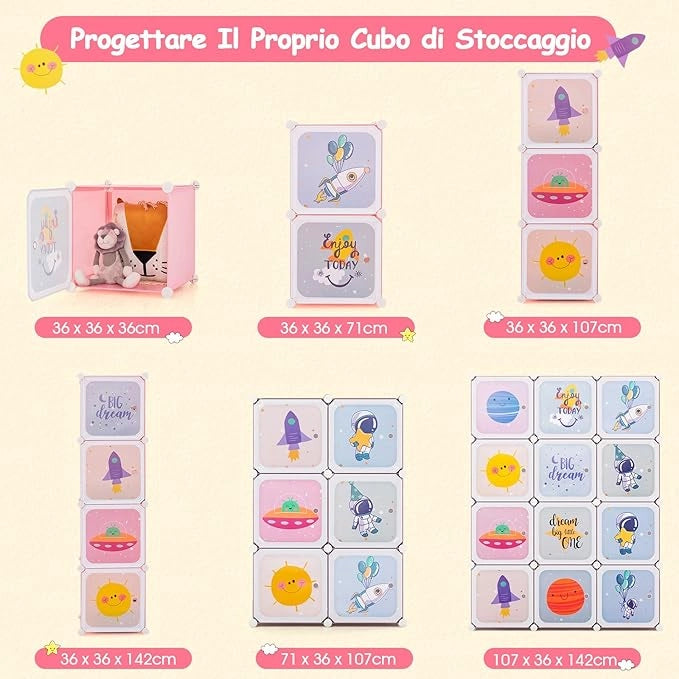 Portatile Guardaroba per Bambini, Armadio Guardaroba Modulare per Bambini con 2 Barre Appendiabiti, per Cameretta Camera da Letto, 107 x 36 x 142 cm (Rosa)