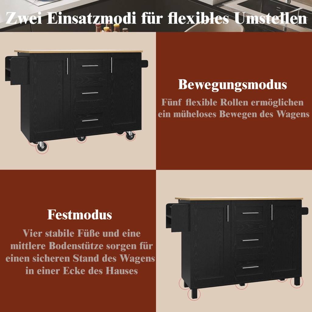 OKWISH Carrello da Cucina con 3 Cassetti, Piani Ribaltabili e Portaasciugamani, Ruote Rimovibili, Nero