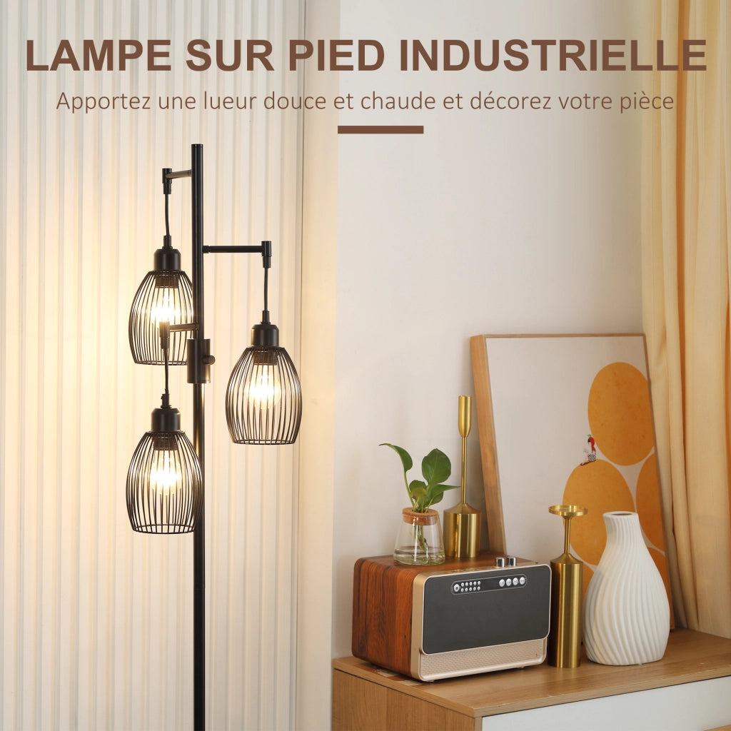 Lampada da Terra Industriale ¨C Xylo ¨C 3 Paralumi Metallo Nero E27 40W