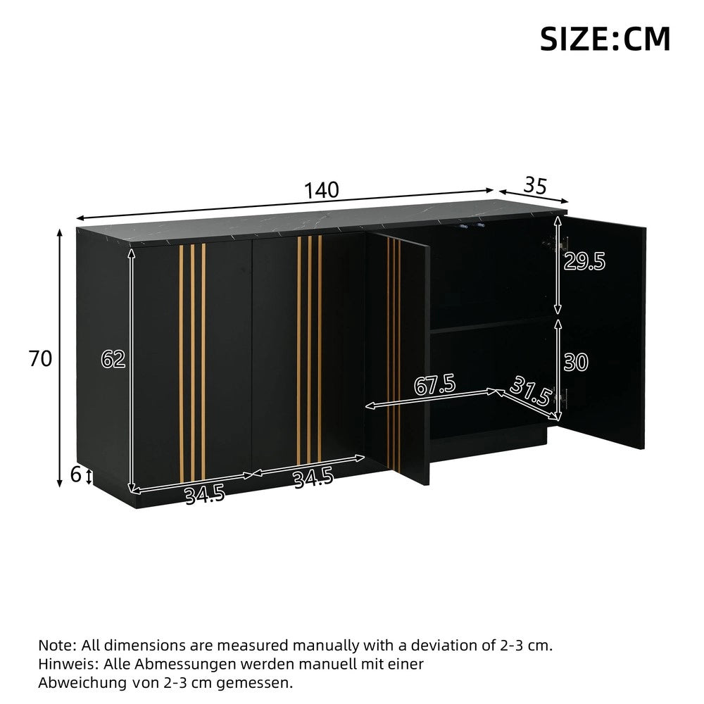 Credenza Soggiorno con 4 Ante ¨C MINIMAL ¨C Nero e Oro, 140x70x35 cm