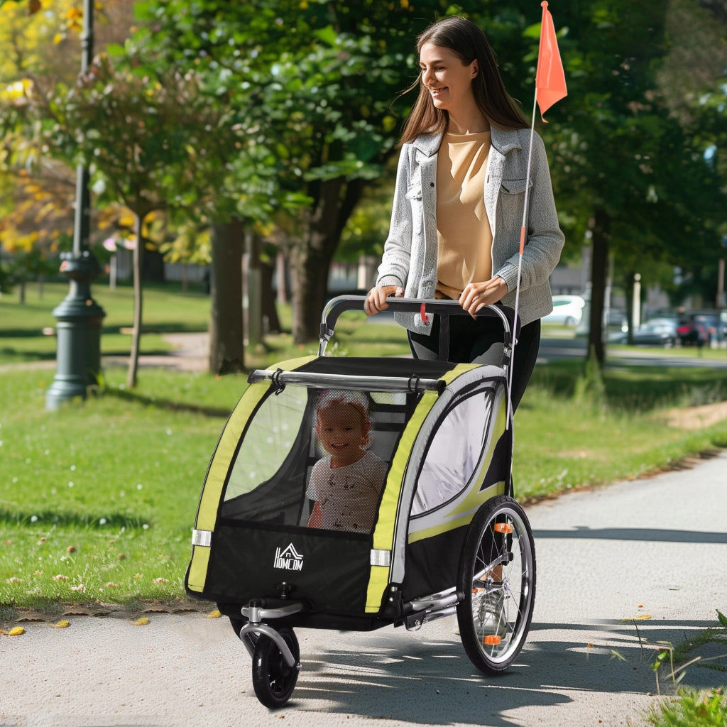 Rimorchio Bici per Bambini e Passeggino, Design 2 in 1 con Freno, Cintura a 5 Punti, Carrello Rimorchio per Bicicletta con Tasche Laterali, Catarifrangenti e Bandierina, Giallo